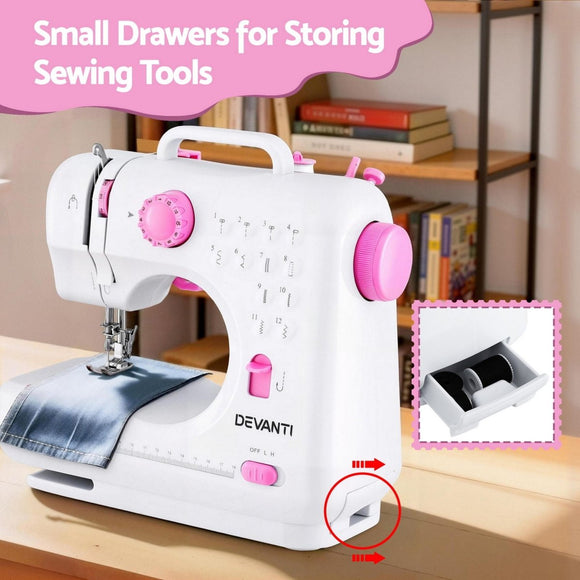 Devanti 12 Stitches Mini Sewing Machine for Beginners Portable Sewing Machine Kit with LED Lights - RnR Galore