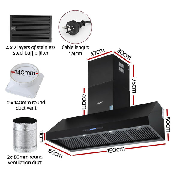 Devanti 1500mm Commercial BBQ Range Hood Dual Motor W/ Remote Control Black - RnR Galore