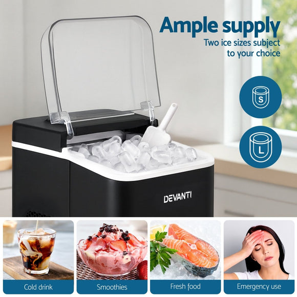 Devanti Ice Maker Machine Portable 12kg Countertop w/Self Cleaning 1.2L Black - RnR Galore