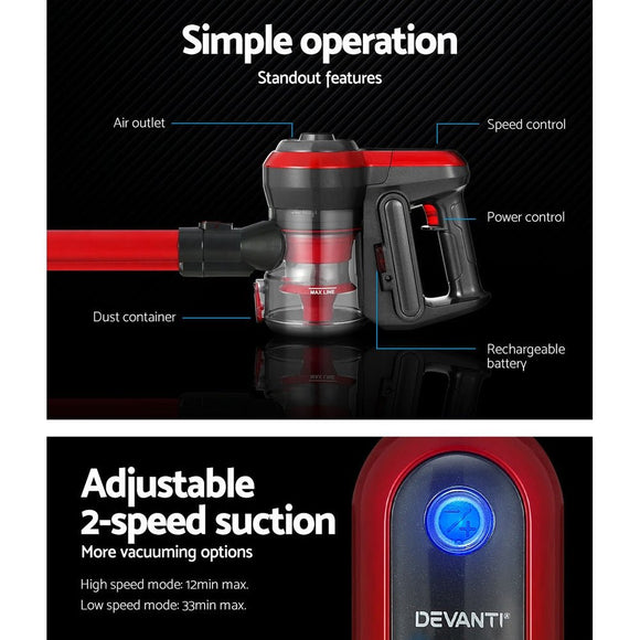 Devanti Stick Vacuum Cleaner Brushless Cordless 250W Red - RnR Galore