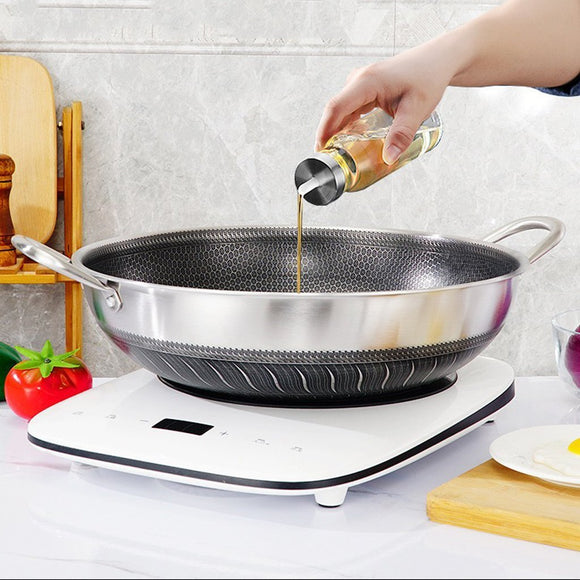 Double Ear 304 Stainless Steel 40cm Non - Stick Stir Fry Cooking Kitchen Wok Pan with Lid Honeycomb Double Sided - RnR Galore