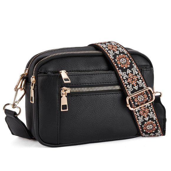 Double Zipper Black Chic Quilted Crossbody Bag - Vintage PU Leather Shoulder Purse with Adjustable Strap - RnR Galore