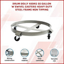 Drum Dolly 450kg 55 Gallon w Swivel Casters Heavy Duty Steel Frame Non Tipping - RnR Galore