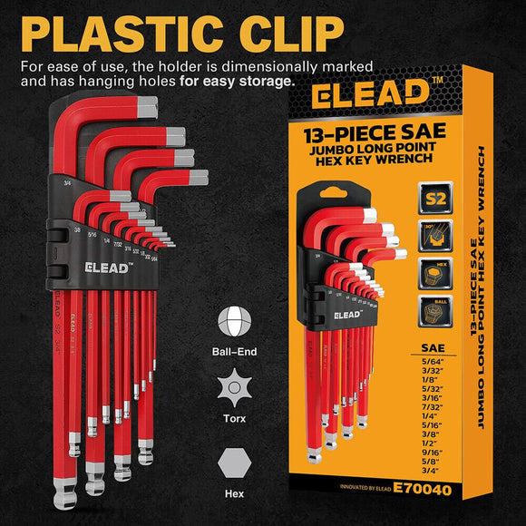 ELEAD 13Pc Extra Large Hex Key Set Long Allen Key Wrench Ball End SAE 5/64" - 3/4 - RnR Galore
