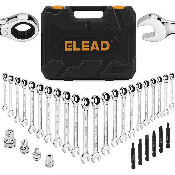 ELEAD 33Pcs Ratchet Wrench Set SAE Metric Wrench Phillips Slotted Bits Adapter - RnR Galore