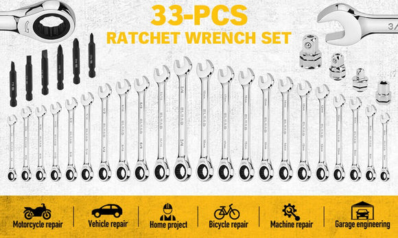 ELEAD 33Pcs Ratchet Wrench Set SAE Metric Wrench Phillips Slotted Bits Adapter - RnR Galore