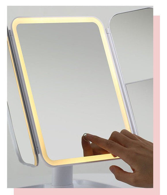 Elegant Tri - Fold Shell LED Vanity Mirror - Smart Makeup Gift with Storage & Illumination - RnR Galore