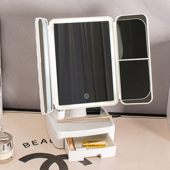 Elegant Tri - Fold Shell LED Vanity Mirror - Smart Makeup Gift with Storage & Illumination - RnR Galore