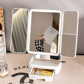 Elegant Tri - Fold Shell LED Vanity Mirror - Smart Makeup Gift with Storage & Illumination - RnR Galore