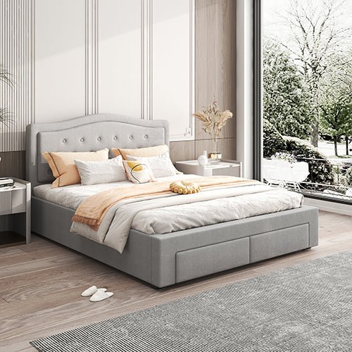 Emily Bed Frame Queen Size Velvet Fabric Grey Four MDF Drawers with Wheels - RnR Galore