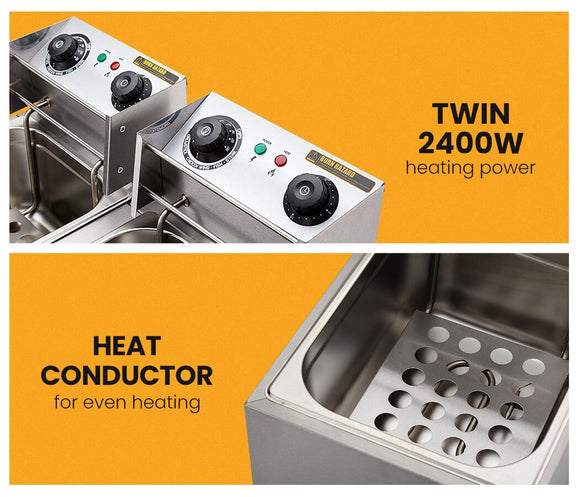 EuroChef Commercial Electric Deep Fryer Twin Frying Basket Chip Cooker Fry - RnR Galore