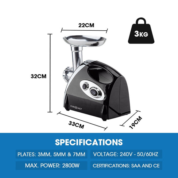 EUROCHEF Electric Meat Grinder, Stainless Steel Mincer Sausage Filler Kibbe Maker, Black - RnR Galore