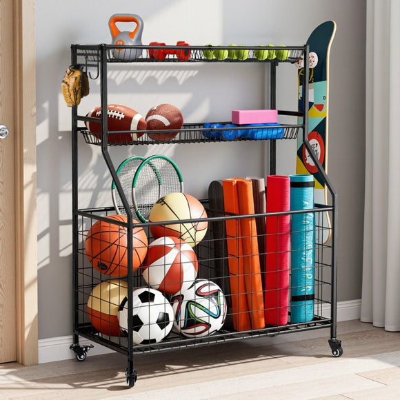 Everfit Sports Equipment Organizer Storage with Wheels Multi - Sport Garage Gym Black - RnR Galore
