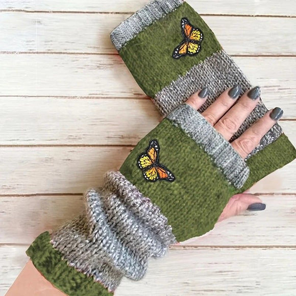 Fashion Color - Block Butterfly Embroidered Knit Gloves, Warm Fit 8.5×22cm, Practical Sweet Stylish Essential for Autumn/Winter Outfits(black) - RnR Galore