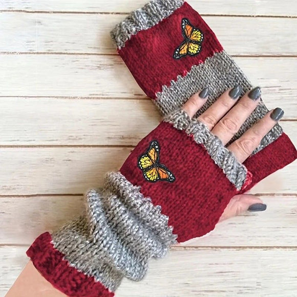 Fashion Color - Block Butterfly Embroidered Knit Gloves, Warm Fit 8.5×22cm, Practical Sweet Stylish Essential for Autumn/Winter Outfits(black) - RnR Galore