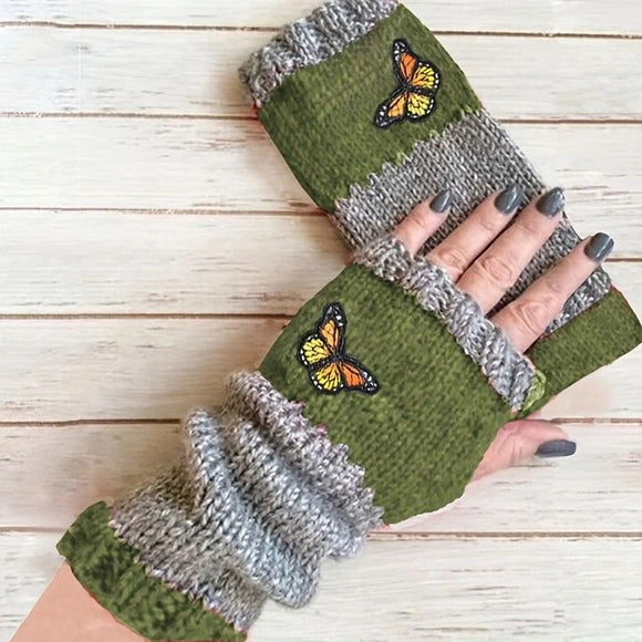 Fashion Color - Block Butterfly Embroidered Knit Gloves, Warm Fit 8.5×22cm, Practical Sweet Stylish Essential for Autumn/Winter Outfits(RED) - RnR Galore