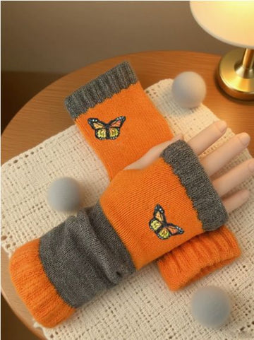 Fashion Color - Block Butterfly Embroidered Knit Gloves, Warm Fit 8.5×22cm, Practical Sweet Stylish Essential for Autumn/Winter Outfits(RED) - RnR Galore