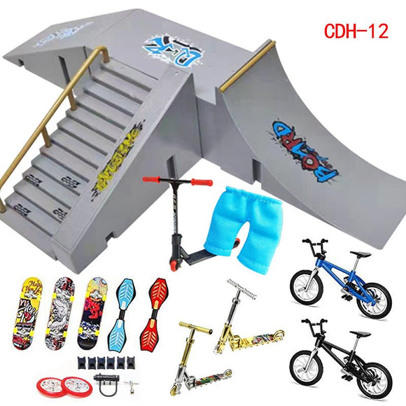 Finger Skateboard Ramp Set 16 Piece Park Kit Compatible with STASHABLES Includes Skateboards Ramps Scooters Skates Bikes Wheels - RnR Galore