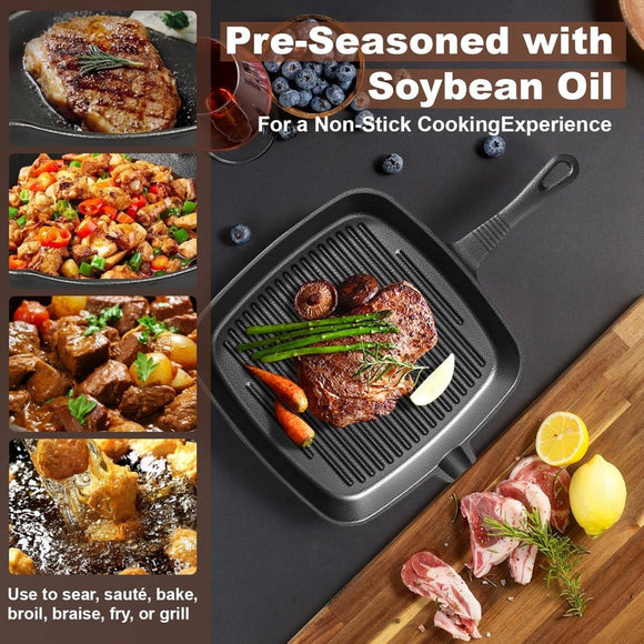 Five - piece set Heavy Duty Cast Iron Skillet & Grill Pan Thickened Vintage Style Cookware for Steak Breakfast & Camping - RnR Galore
