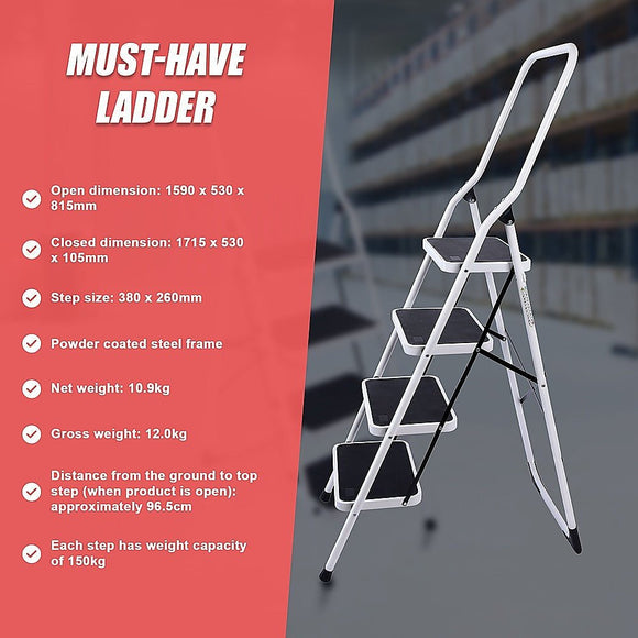Foldable Non Slip 4 Step Steel Ladder - RnR Galore