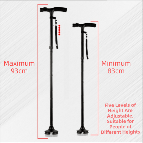 Folding LED Walking Cane with Dual Handle - Adjustable(88 - 98CM), Anti - Slip 4 - Prong Base, and Stand - Up Function for Seniors - RnR Galore