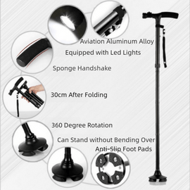 Folding LED Walking Cane with Dual Handle - Adjustable(88 - 98CM), Anti - Slip 4 - Prong Base, and Stand - Up Function for Seniors - RnR Galore