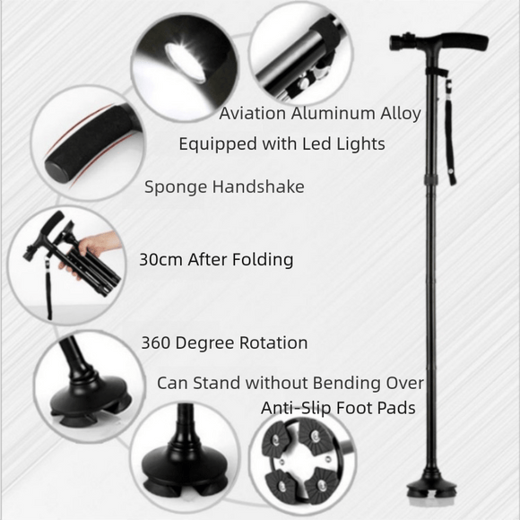 Folding LED Walking Cane with Dual Handle - Adjustable(88 - 98CM), Anti - Slip 4 - Prong Base, and Stand - Up Function for Seniors - RnR Galore