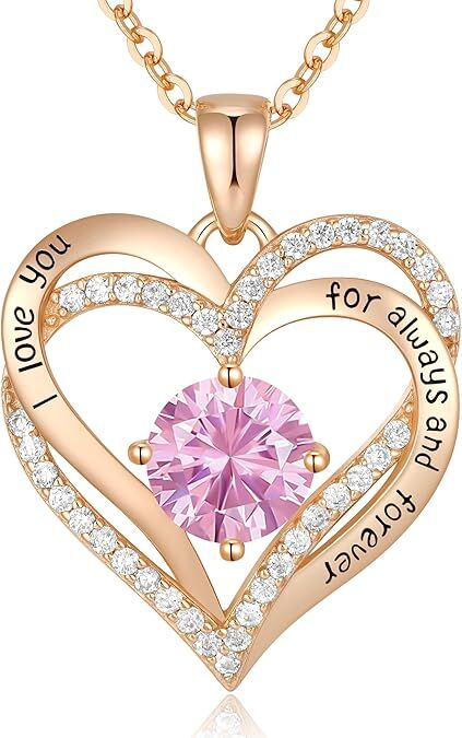 Forever Love Heart Birthstone Necklace: 925 Sterling Silver Personalized Jewelry for Mom, Wife, Friend with 12 Month Stone Options（pink diamond,October） - RnR Galore