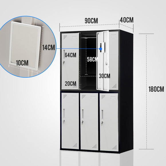 Fortia 6 Door Metal Storage Cabinet Lockers for Gym Office - Black and Grey - RnR Galore
