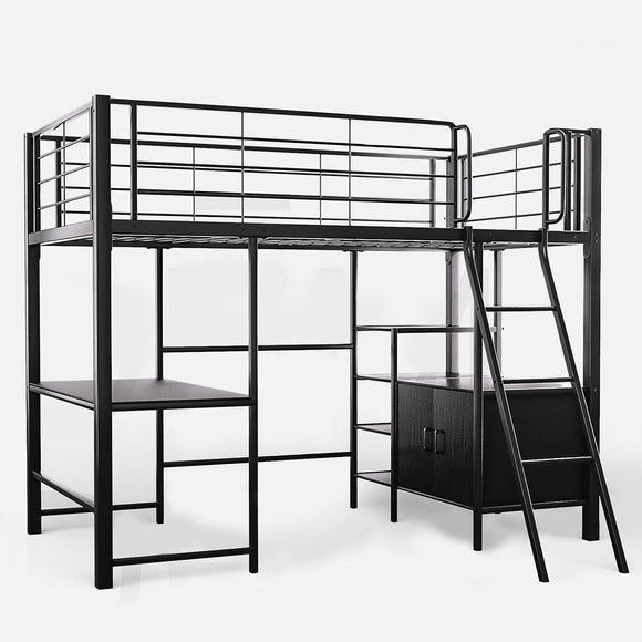 Gaming Loft Bed with Desk and Storage Cabinet, Steel Metal Frame, Space Saving Design, for Single Mattress, Matte Dark Grey - RnR Galore