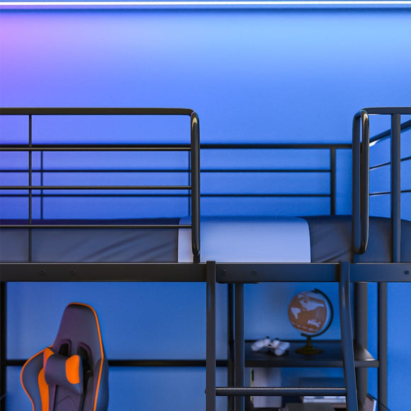 Gaming Loft Bed with Desk and Storage Cabinet, Steel Metal Frame, Space Saving Design, for Single Mattress, Matte Dark Grey - RnR Galore