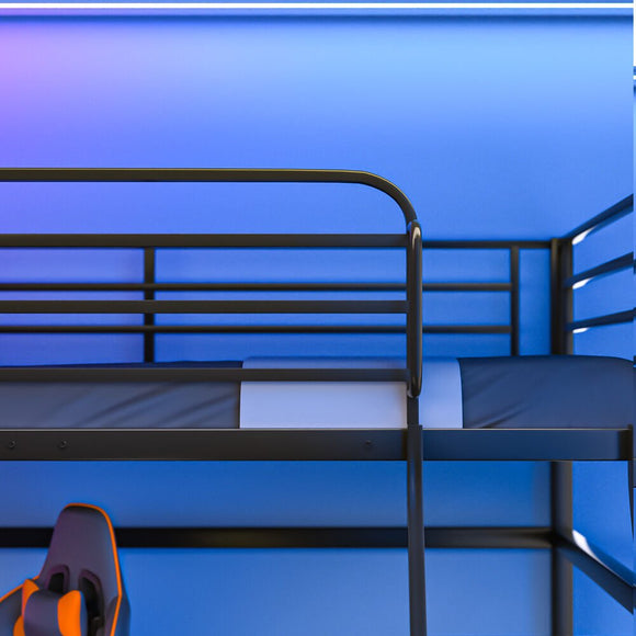 Gaming Loft Bed with Desk, Steel Metal Frame, Space Saving Design, for Single Mattress, Matte Dark Grey - RnR Galore