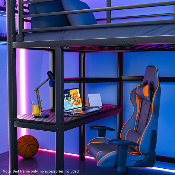 Gaming Loft Bed with Desk, Steel Metal Frame, Space Saving Design, for Single Mattress, Matte Dark Grey - RnR Galore