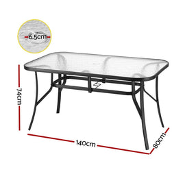 Gardeon 140CM Outdoor Dining Table Steel Frame Tempered Glass Parasol Hole Black - RnR Galore