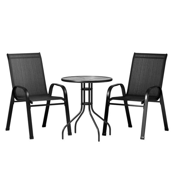 Gardeon 3PC Outdoor Bistro Set Table and Chairs Stackable Patio Furniture Black - RnR Galore