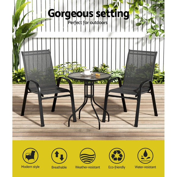 Gardeon 3PC Outdoor Bistro Set Table and Chairs Stackable Patio Furniture Black - RnR Galore