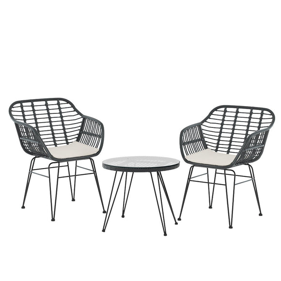 Gardeon 3PC Outdoor Furniture Bistro Set Lounge Setting Table Chairs Cushion Patio Grey - RnR Galore
