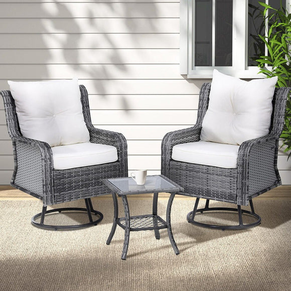 Gardeon 3PC Outdoor Furniture Bistro Set Lounge Wicker Swivel Chairs Table Cushion Grey - RnR Galore