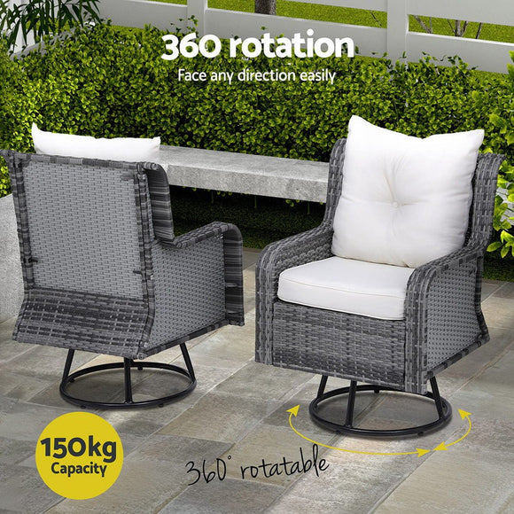 Gardeon 3PC Outdoor Furniture Bistro Set Lounge Wicker Swivel Chairs Table Cushion Grey - RnR Galore