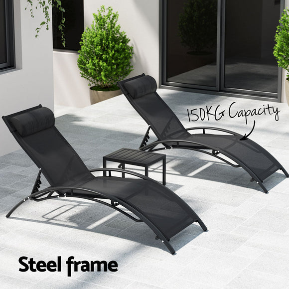 Gardeon 3PC Sun Lounge Outdoor Lounger Steel Table Chairs Patio Furniture Garden - RnR Galore