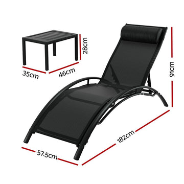 Gardeon 3PC Sun Lounge Outdoor Lounger Steel Table Chairs Patio Furniture Garden - RnR Galore