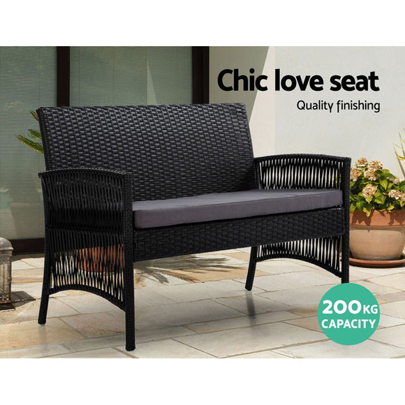 Gardeon 4PCS OutdoorSofa Set with Storage Cover Wicker Harp Chair Table Black - RnR Galore