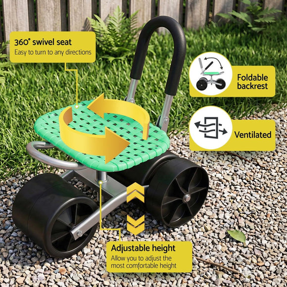Gardeon Gardening Cart with 360° Swivel Seat | Rolling Work Seat with Adjustable Height & All - Terrain Wheels | 130KG Capacity Heavy Duty Garden Scooter for Back Pain Relief & Vehicle Detailing | Foldable Backrest & Ventilated Seat, Green - RnR Galore