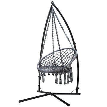Gardeon Hammock Chair with Steel Stand Macrame Outdoor Swinging Grey - RnR Galore