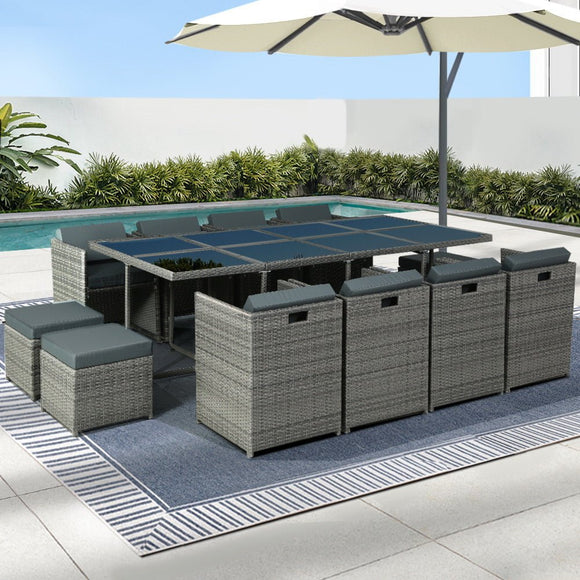 Gardeon Outdoor Dining Set 13 Piece Wicker Table Chairs Setting Grey - RnR Galore