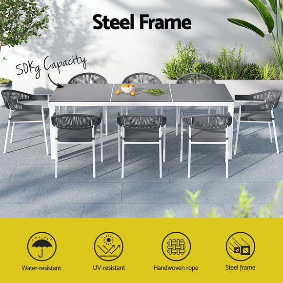 Gardeon Outdoor Dining Set 9 Piece Steel Table Chairs Setting White - RnR Galore