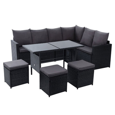Gardeon Outdoor Dining Set Sofa Lounge Setting Chairs Table Ottoman Black Cover - RnR Galore
