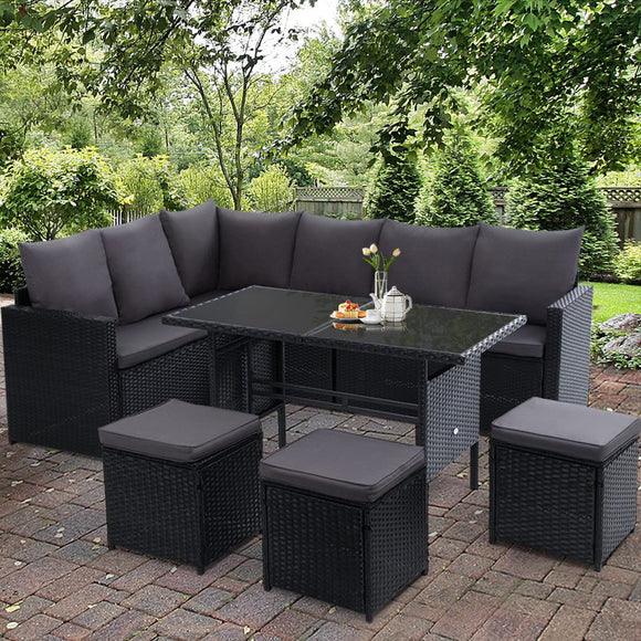 Gardeon Outdoor Dining Set Sofa Lounge Setting Chairs Table Ottoman Black Cover - RnR Galore