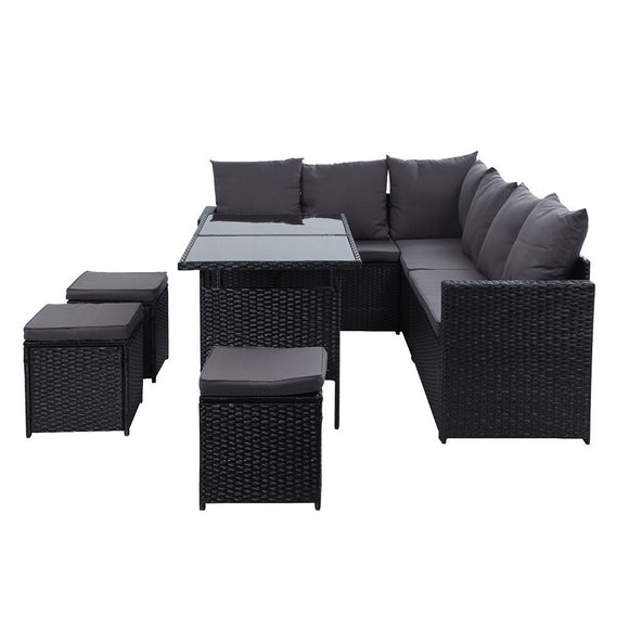 Gardeon Outdoor Dining Set Sofa Lounge Setting Chairs Table Ottoman Black Cover - RnR Galore