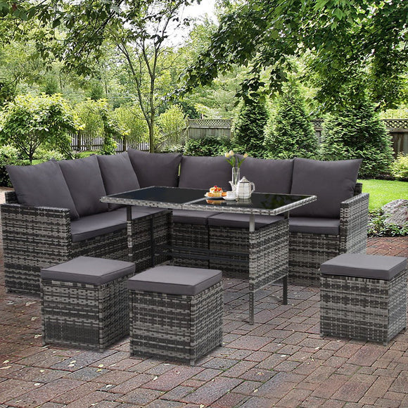 Gardeon Outdoor Dining Set Sofa Lounge Setting Chairs Table Ottoman Grey Cover - RnR Galore